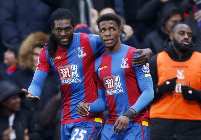 's Emmanuel Adebayor (left) celebrates scoring against Watford during the English Premier League soccer match at Selhurst Park, London, on Saturday February 13, 2016. Photo: AP