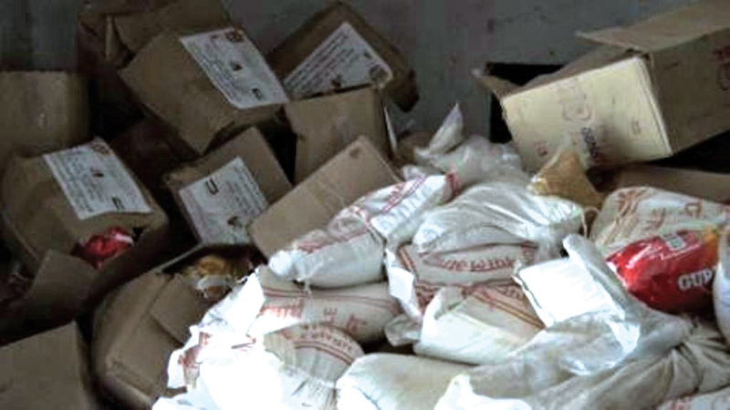 Date-expired food items stored at the District Administration Office, Dhading, on Saturday. Photo: THT