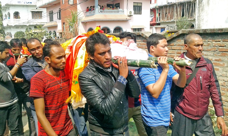 Captain Dinesh Neupane's body being carried in funeral procession in Nepalgunj on Sunday, February 28, 2016. Photo: Damodar Bhandari
