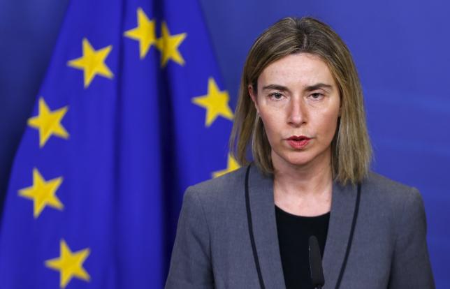 European Union foreign policy chief Federica Mogherini speaks during a joint news conference with  Iran's Foreign Minister Mohammad Javad Zarif (unseen) at the EU Commission headquarters in Brussels, Belgium, February 15, 2016. REUTERS/Francois Lenoir