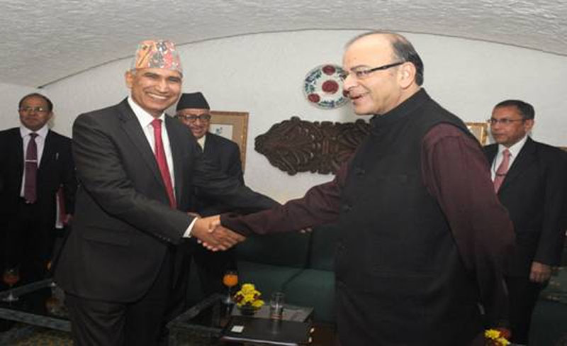Nepal's Finance Minister Bishnu Prasad Paudel meets his Indian counerpart Arun Jaitley in New Delhi on Monday, February 8, 2016. Photo: PIB India