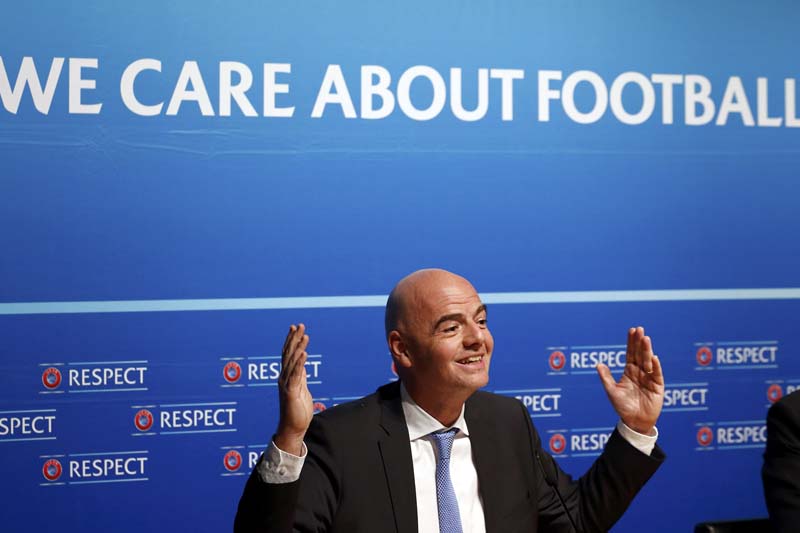 UEFA General Secretary Gianni Infantino gestures during a news conference after an Executive Committee meeting at the UEFA headquarters in Nyon, Switzerland, on January 22, 2016. Photo: Reuters