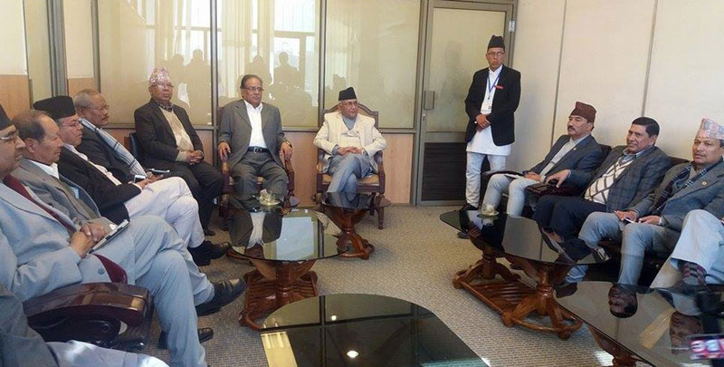 Prime Minister and CPN-UML Chairman KP Sharma Oli and UCPN-Maoist Chairman Pushpa Kamal Dahal   among other leaders of the ruling coalition attending a meeting of the High Level Political Coordination Committee (HLPCC) held in Kathmandu on Wednesday, February 17, 2016. Photo: RSS 