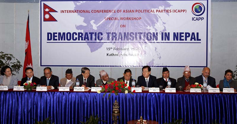 Prime Minister KP Sharma Oli along with other major political leaders attending the ICAPP Special Workshop on Democratic Transition in Nepal organised by the International Conference of the Asian Political Parties (ICAPP), in Kathmandu, on Monday. Photo: RSS