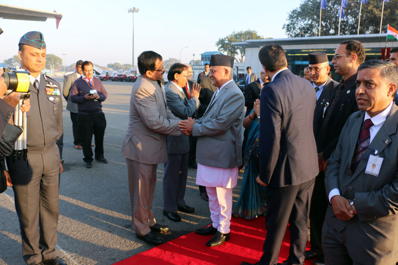 State Minister for Ayush, Shreepad Yesso Naik bid farewell to Prime Minister KP Sharma Oli in New Delhi of India on Tuesday, February 23, 2016. Photo: RSS 