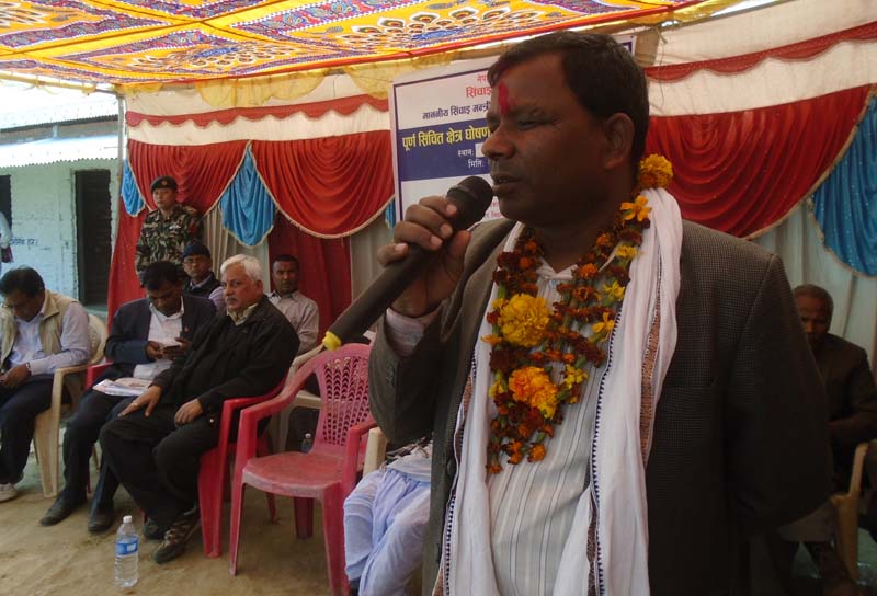 Minister for Irrigation Umesh Kumar Yadav addresses a function in his home district Saptari on Saturday, February 20, 2016. Photo: THT Online