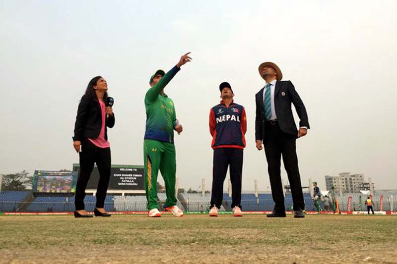 Captains of Nepal and Pakistan Under-19 cricket team during a toss at the play-off match of the ICC Under-19 Cricket World Cup at Khan Shaheb Osman Ali Stadium in Bangladesh on Tuesday, February 9, 2016. Photo: ICC