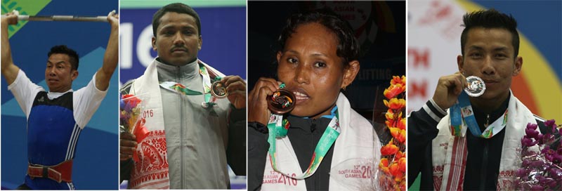 ( From left)Nepal's Bikash Thapa performs during the men's 62kg weightlifting event, Bikash Thapa and Lifter Devi Chaudhary, Wrestler Saroj Yadav hold bronze, silver and bronze medals respectively after their competitions at the 12th South nAsian Games, at Bhogeshwori Indoor Stadium, in Guwahati on Saturday.