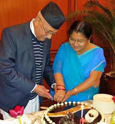 Prime Minister KP Sharma Oli and his spouse Radhika Shakya cutting cake on the occasion of Oli's 65th birthday at the Hotel Taj in New Delhi on Monday,  February 22, 2016. PM Oli is currently on a state visit to India. Photo: RSS