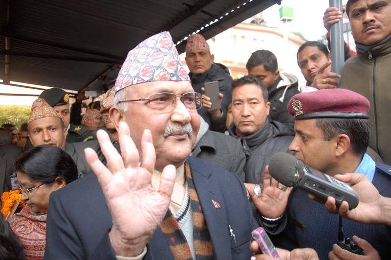 Prime Minister KP Sharma Oli exiting after paying his last tributes to the body of Nepali Congress President and former Prime Minister Sushil Koirala at Maharajgunj, on Tuesday, February 9, 2016. Photo: Bal Krishna Thapa/ THT