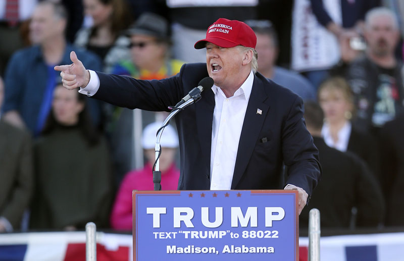 Republican presidential candidate Donald Trump points as he speaks during a rally, on Sunday, February 28, 2016, in Madison, Alabama. Photo: AP
