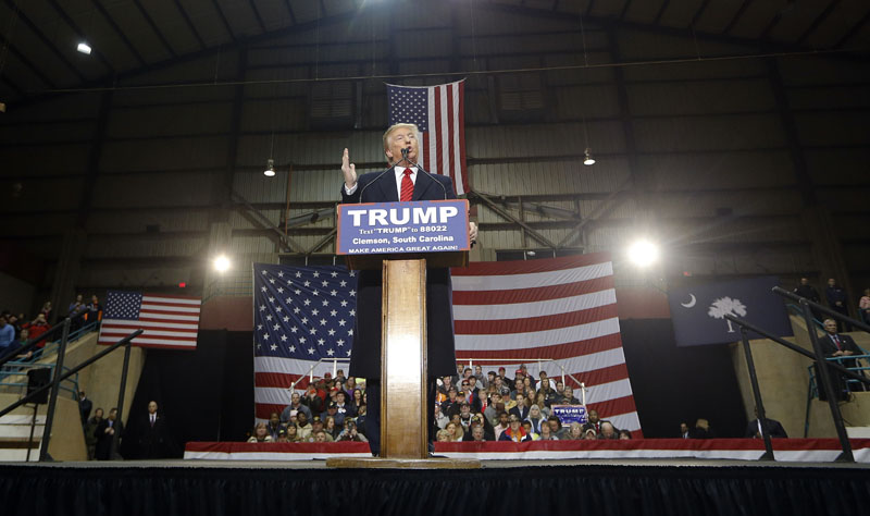 Republican presidential candidate Donald Trump speaks during a rally at Clemson University, on Wednesday, February 10, 2016, in Pendleton, S.C. Photo: AP