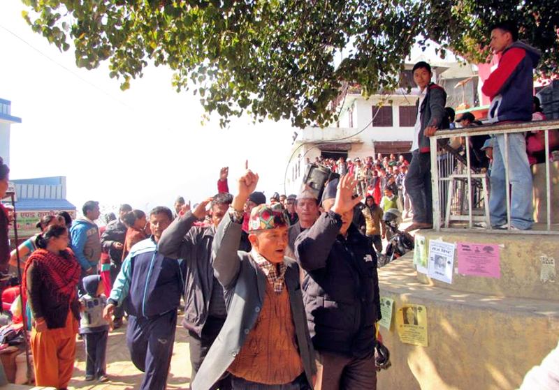 Sher Bahadur Deubau0092s supporters chanting slogans against the establishment side nalleging that it rigged the election process, in Khalanga, Rukum, on Sunday, February 7, 2016. Photo: THT