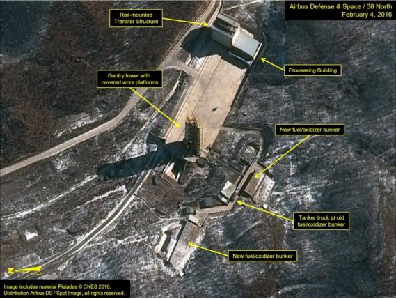 Airbus Defense &amp; Space and 38 North satellite imagery from February 4, 2016 shows the Sohae Satellite Launching Station in North Korea in this image released on February 5, 2016. REUTERS/Airbus Defense &amp; Space and 38 North/Handout via Reuters