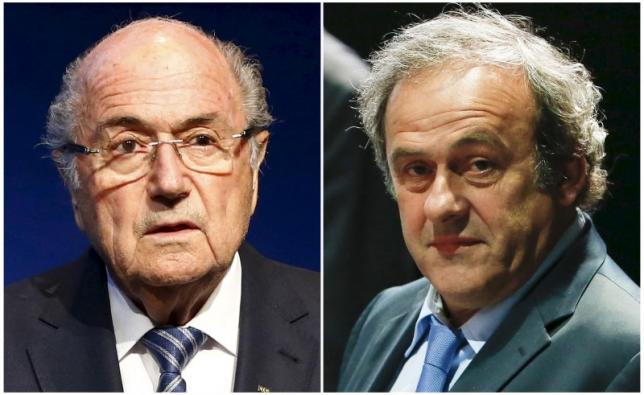Combination file photograph of FIFA President Sepp Blatter addressing a news conference at the FIFA headquarters in Zurich, Switzerland June 2, 2015 and UEFA President Michel Platini (R) attending the 65th FIFA Congress in Zurich, Switzerland, May 29, 2015.   REUTERS/Ruben Sprich/Files