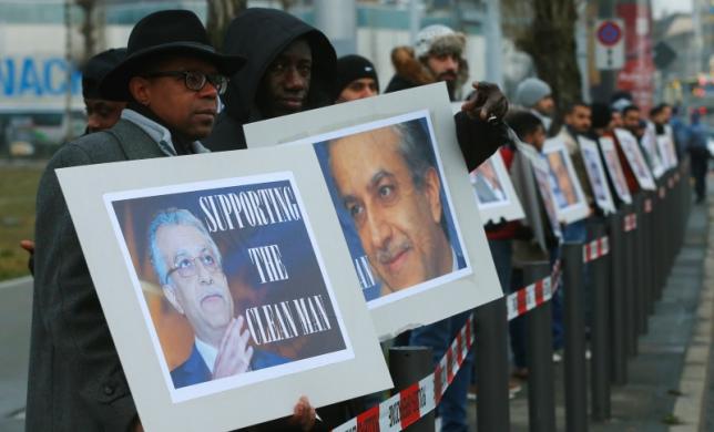 Supporters of FIFA presidential candidate Sheikh Salman Bin Ebrahim Al-Khalifa of Bahrain show support outside the Extraordinary FIFA Congress in Zurich, Switzerland February 26, 2016. REUTERS/Arnd Wiegmann