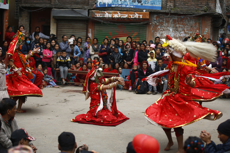 People dressed as deities perform a traditional masked dance to celebrate Shree Pachali Bhairav Khadga Siddhi Jatra festival, which is celebrated once in 12 years in Handigaun, Kathmandu on Saturday, February 20, 2016. Photo: Skanda Gautam