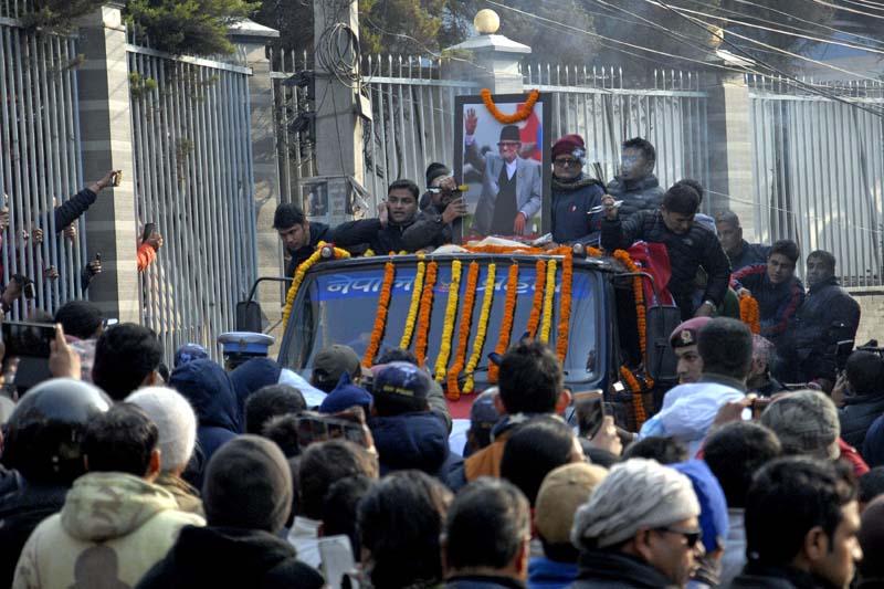 A truck, ferrying the body of Nepali Congress President and former Prime Minister Sushil Koirala to the party office in Sanepa, exits from Koirala residence in Maharajgunj, on Tuesday, February 9, 2016. Photo: Bal Krishna Thapa/ THT