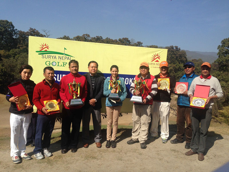 The Surya Nepal Gokarna Monthly Medal winners pose for a photo with Marketing Manager of Surya Nepal Pvt Ltd Bal Kishan Gurung on Saturday. Photo Courtesy: Gokarna Golf Club