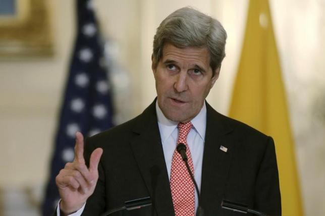 United States Secretary of State John Kerry delivers his remarks with Colombian President Juan Manuel Santos (not pictured) at a joint news conference at the State Department in Washington February 5, 2016.    REUTERS/Gary Cameron