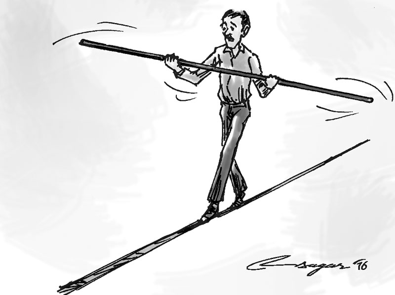 Walking on rope. Illustration: Ratna Sagar Shrestha/THT