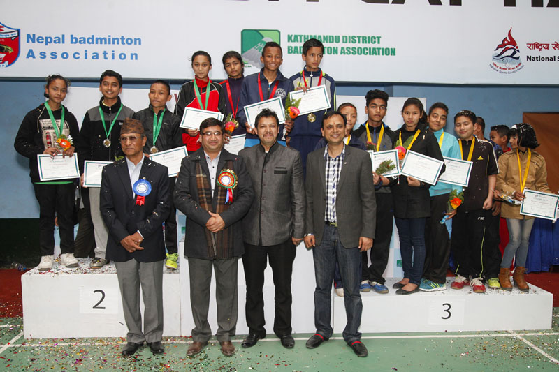 The winners of the Digicom School Badminton Championship in Kathmandu on Saturday. Photo: THT