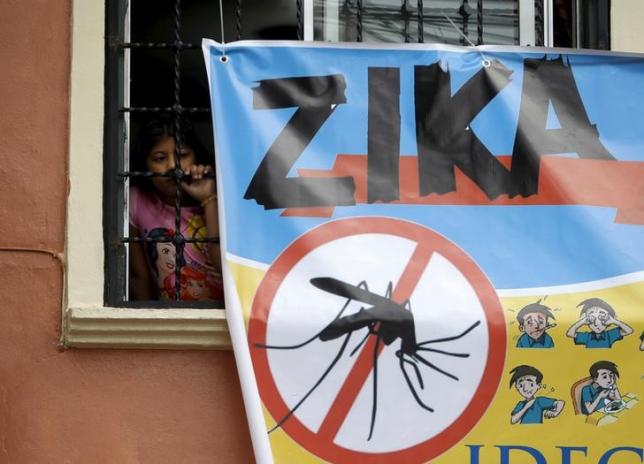 A woman looks on next to a banner as soldiers and municipal health workers take part in cleaning of the streets, gardens and homes as part of the city's efforts to prevent the spread of the Zika virus vector, the Aedes aegypti mosquito, in Tegucigalpa, Honduras, February 6, 2016.  REUTERS/Jorge Cabrera