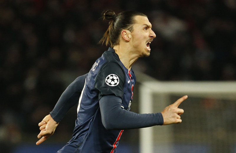 Zlatan Ibrahimovic celebrates scoring the first goal for Paris St Germainn against Chelsea during UEFA Champions League game Parc des Princes in Paris on Tuesday, February 16, 2016. Photo: Reuters