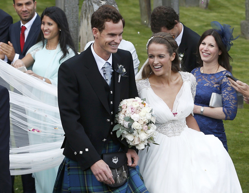 Tennis player Andy Murray leaves the cathedral after his wedding to his fiancee Kim Sears in Dunblane, Scotland, April 11, 2015. Kim gave birth to a baby girl two days ago according to media reports. Photo: Reuters