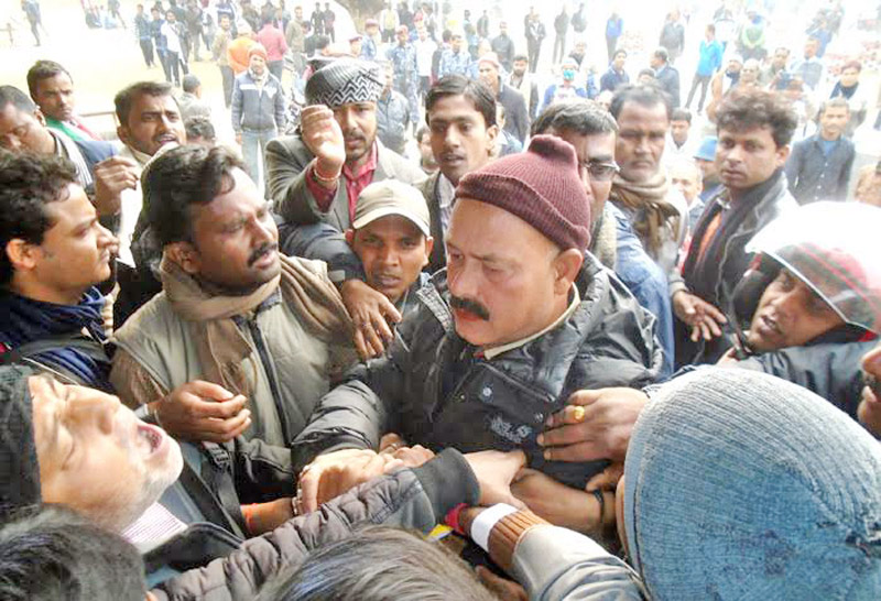 United Democratic Madhesi Front (UDMF) cadres try to obstruct the municipal convention of Nepali Congress in Rajbiraj Municipal, on Monday, February 01, 2016.  Photo: THT