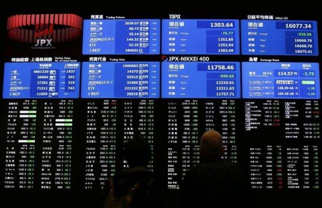 Visitors looks at an electronic board showing the Japan's Nikkei average (top R) at the Tokyo Stock Exchange (TSE) in Tokyo, Japan, February 9, 2016. REUTERS/Issei Kato
