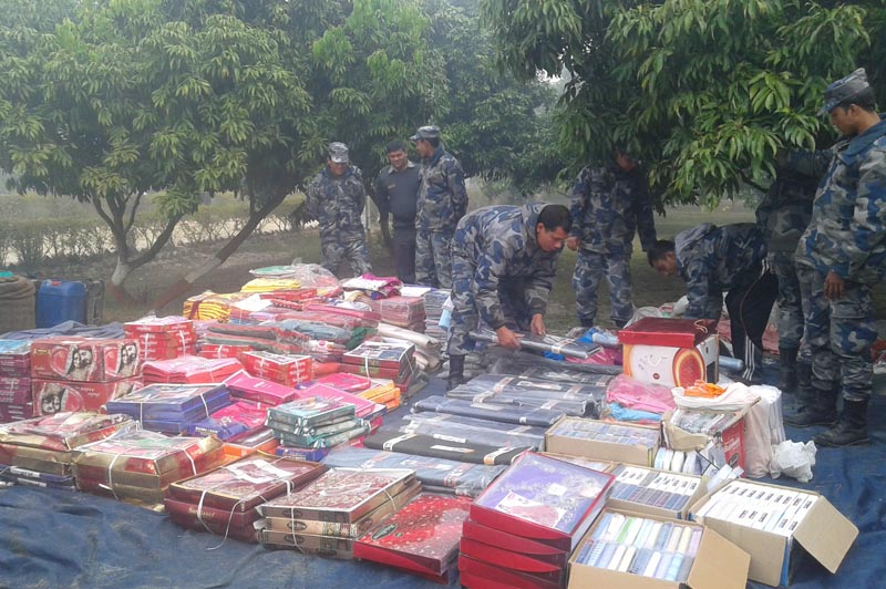 Armed Police Force seize various goods smuggled to Rautahat district from India, on Friday, February 5, 2016. Photo: Prabhat Kumar Jha