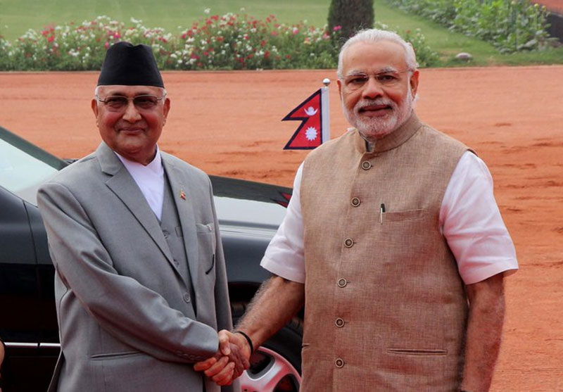 Indian Prime Minister Narendra Modi receives his Nepali counterpart KP Sharma Oli at the Rastrapati Bhawan in India on Saturday, February 20, 2016. Photo Courtesy: MEA India
