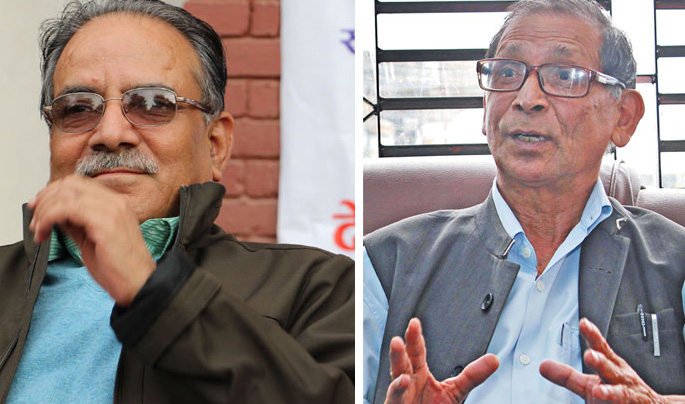 Unified CPN-Maoist Chairman Pushpa Kamal Dahal (left) and CPN-Revolutionary-Maoist (CPN-RM) Chairman Mohan Baidhya. Photos: THT