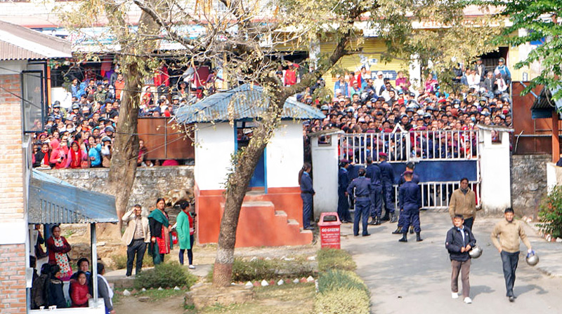 Pokhara locals gather in-front of the Kaski District Police Office, demanding sternest action against the murderer of Yoruna Pun aka Neha in Pokhara on Monday, February 8, 2016. Photo: Bharat Koirala