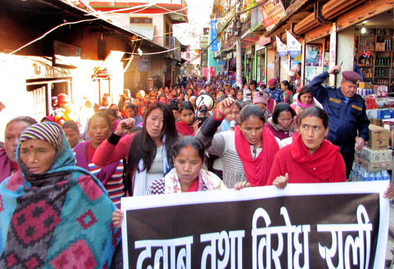 Women taking out a rally demanding action against those involved in the attempted rape and murder of 18-year-old Susmita Shah, in Khalanga, Rukum, on Friday, February 5, 2016. Photo: THT