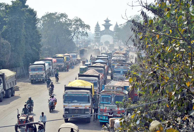 Trucks laden with cargoes enter Nepal though Birgunj border point on Thursday, February 11, 2016. Photo: RSS