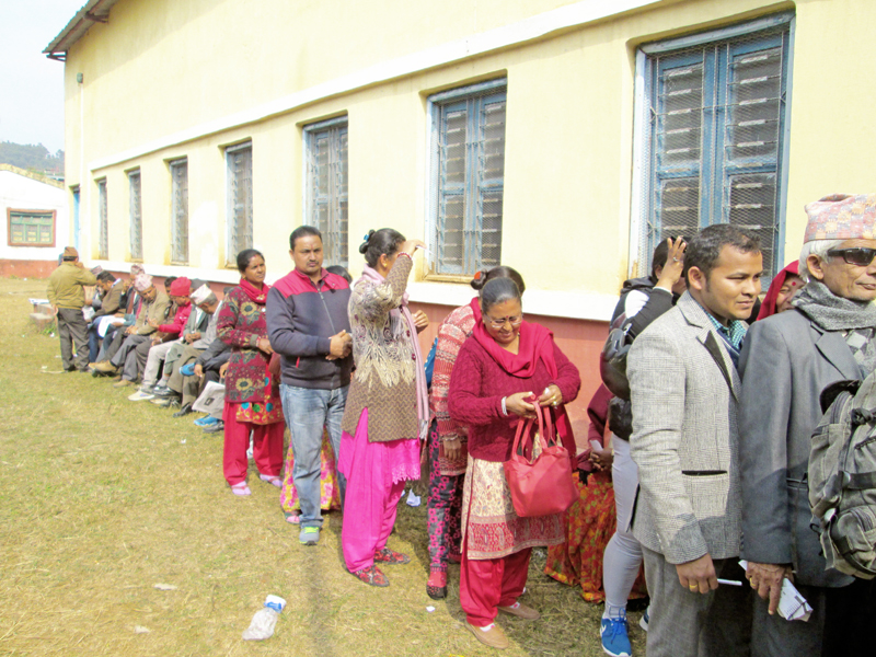 Members of Nepali Congress line up to casts their vote in the 13th Tanahun District Convention of the party in Damauli on Monday, February 8, 2016. Photo: Madan Wagle