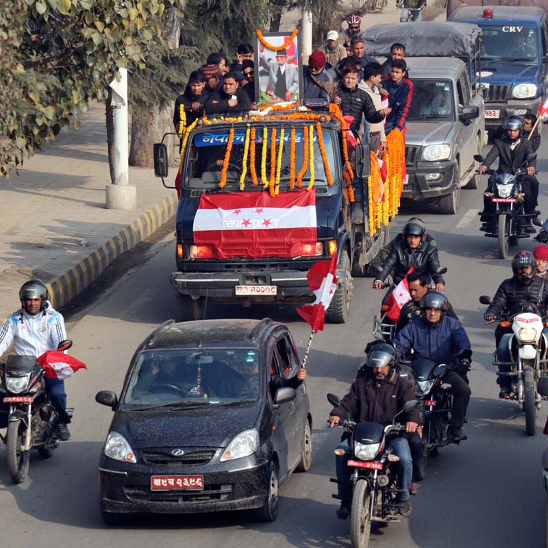A truck, ferrying the body of Nepali Congress President and former Prime Minister Sushil Koirala to the party office in Sanepa, in Bhadrakali, on Tuesday, February 9, 2016. Photo: RSS