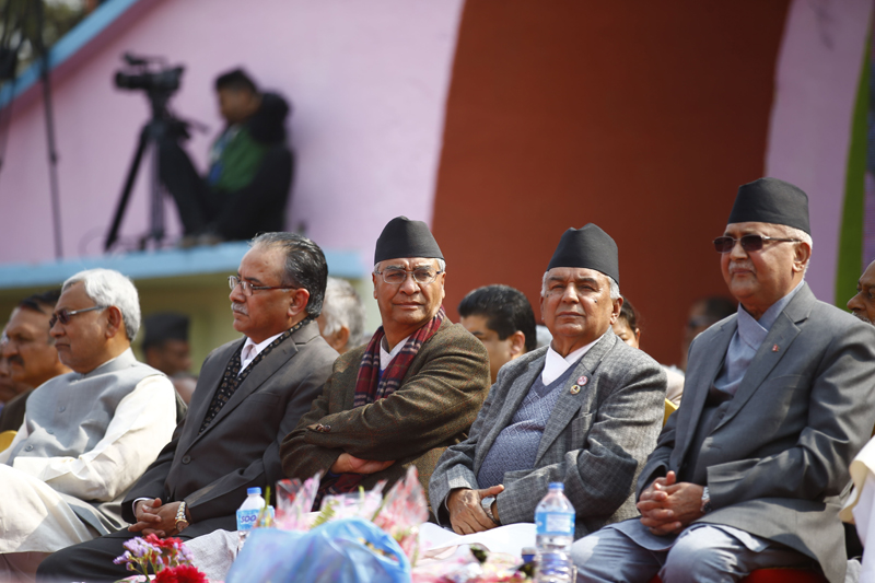 Prime Minister KP Sharma Oli (far right) along with foreign delegates and top leaders attend the inaugural session of the 13th general convention of the Nepali Congress party in Khulamanch, Kathmandu, on Thursday, March 3, 2016. Photo: Skanda Gautam 