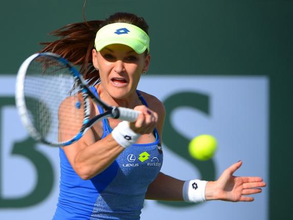 Mar 11, 2016; Indian Wells, CA, USA; Agnieska Radwanska (POL) in action during her match against Dominika Cibulkova (not pictured) at the Indian Wells Tennis Garden.  Mandatory Credit: Jayne Kamin-Oncea-USA TODAY Sports