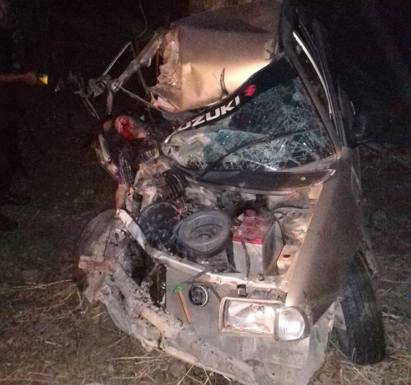 Wreckage of a car on which NSU leader Lal Kumari Pokharel was riding after it met with an accident in Amlekhgunj of Bara on Monday, March 28, 2016. Photo: Armed Police Force