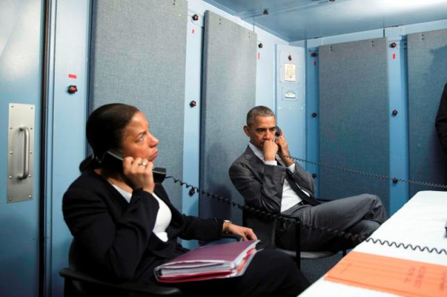 President Barack Obama and National Security Advisor Susan E. Rice talk on the phone with Homeland Security Advisor Lisa Monaco to receive an update on the attack in Brussels, Belgium, in Havana, Cuba March 22, 2016. REUTERS/White House/Pete Souza/Handout via Reuters