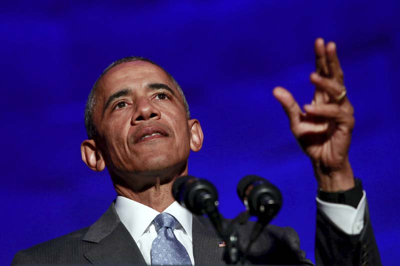 US President Barack Obama delivers the keynote address at the awards dinner for Syracuse University's Toner Prize for Excellence in Political Reporting at the Andrew W. Mellon Auditorium in Washington on March 28, 2016. Photo: Reuters