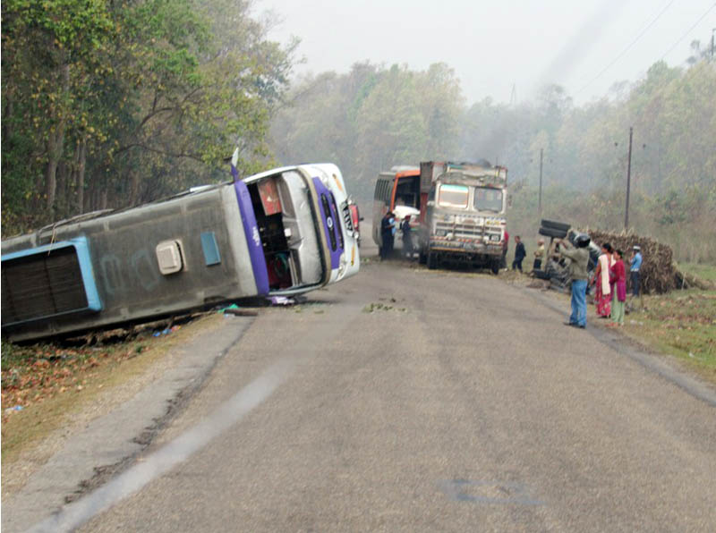 A bus is hit by a tractor in Bardibas-11 of Mahottari district along the East West Highway on Monday, March 28, 2016. Photo: RSS