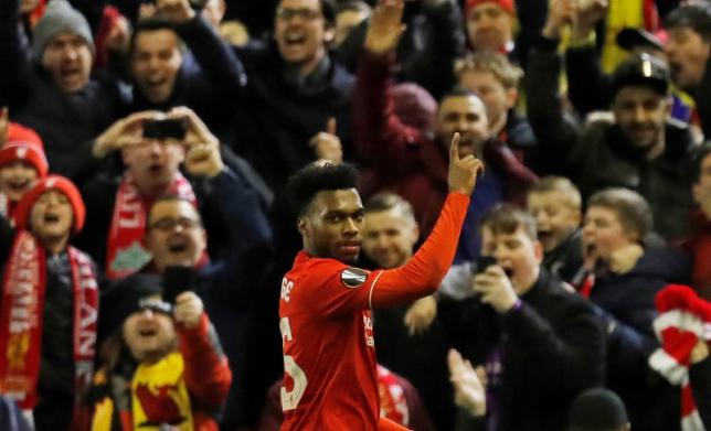 Football Soccer - Liverpool v Manchester United - UEFA Europa League Round of 16 First Leg - Anfield, Liverpool, England - 10/3/16nDaniel Sturridge celebrates after scoring the first goal for Liverpool from the penalty spotnReuters / Phil Noble