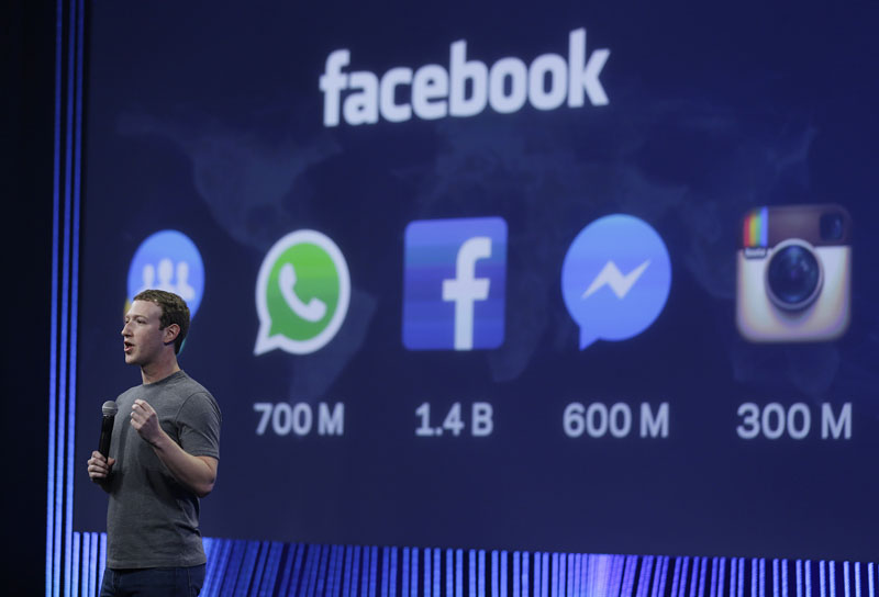 FILE - CEO Mark Zuckerberg gives the keynote address during the Facebook F8 Developer Conference in San Francisco, on March 25, 2015. Photo: AP