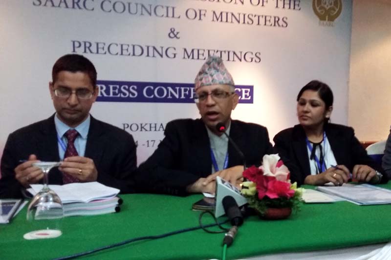 Foreign Ministry Joint Secretariat and SAARC Division Chief Mani Prasad Bhattarai briefing about the 37th South Asian Association Regional Corporation (SAARC) Council of Ministers' meet in a press conference at the Grand Hotel, in Pokhara, on Tuesday, March 15, 2016. Photo: Bharat Koirala/ THT