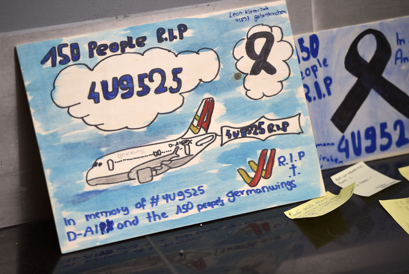 FILE - In this March 31, 2015 file picture messages for the victims of the Germanwings plane crash are displayed at the airport in Dusseldorf , Germany. Photo: AP