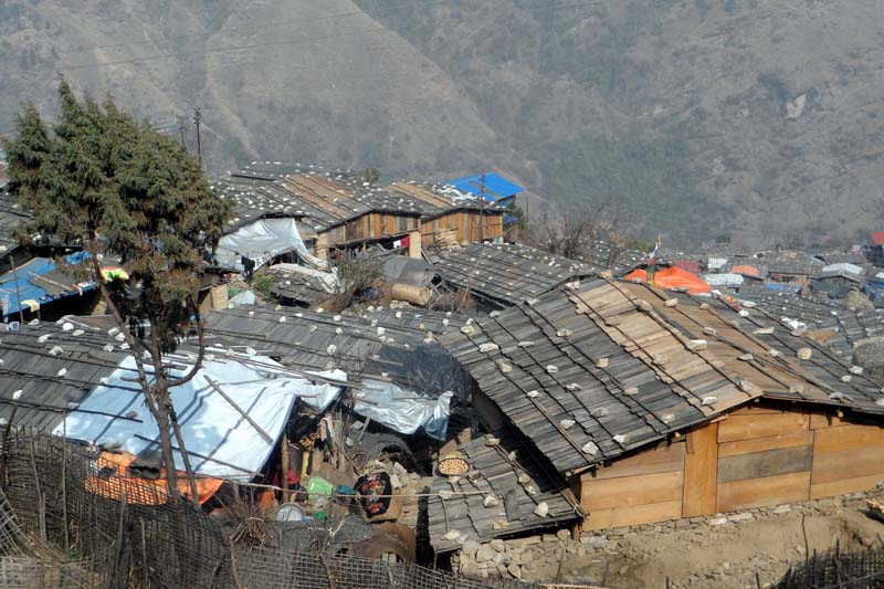 Newly built houses that quake-hit locals of Laprak, the epicentre of April 25 Earthquake, constructed on their own to get saved from the rainy season in this photo on Thursday, March 10, 2016. Photo: RSS